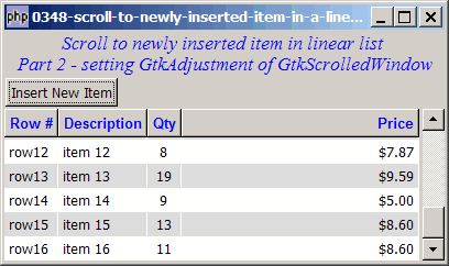 How to scroll to newly inserted item in a linear list using GtkTreeView - Part 2 - setting GtkAdjustment of GtkScrolledWindow?