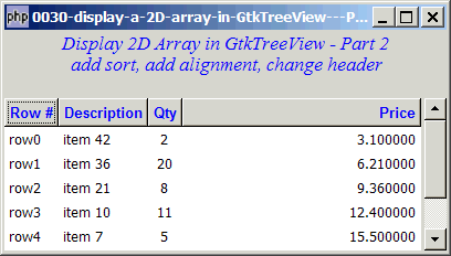 How to display a 2D array in GtkTreeView - Part 2 - set alignment and headers?
