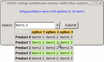 How to setup pulldown menu with the options in 2d matrix?