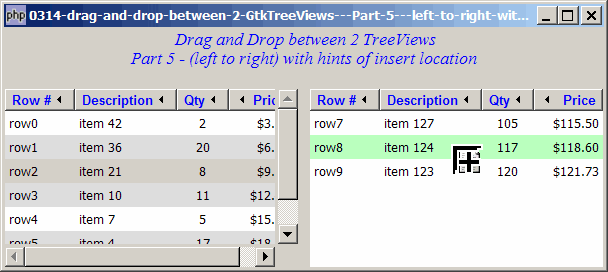 How to drag and drop between 2 GtkTreeViews - Part 5 - left to right with hints of insert location?