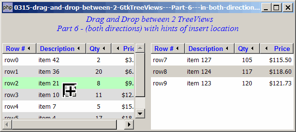 How to drag and drop between 2 GtkTreeViews - Part 6 - in both directions with hints of insert location?
