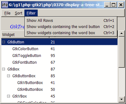 How to display a tree structure using GtkTreeStore with GtkTreeModelFilter on top of GtkTreeModelSort?