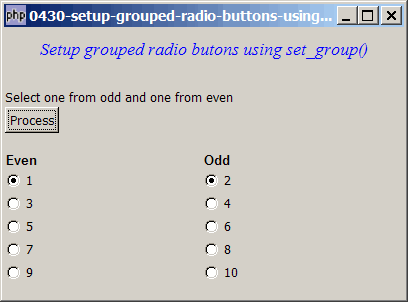 How to setup grouped radio buttons using set group?