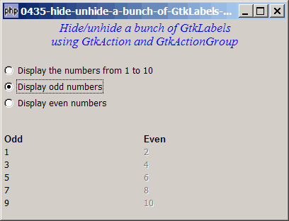 How to hide unhide a bunch of GtkLabels using GtkAction and GtkActionGroup?
