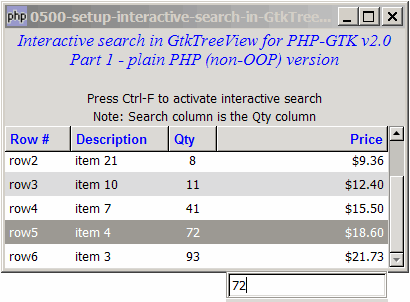 How to setup interactive search in GtkTreeView for PHP GTK v2.0 - Part 1 - non OOP version?