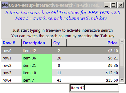 How to setup interactive search in GtkTreeView for PHP GTK v2.0 - Part 5 - switch search column using tab key?