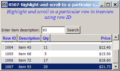How to highlight and scroll to a particular row in treeview using row ID?